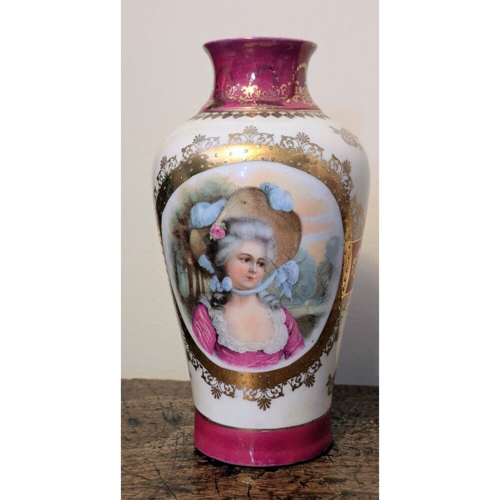 Antique Dresden Style Porcelain Portrait Vase Magenta Pink Gold Gilding 6.75"
